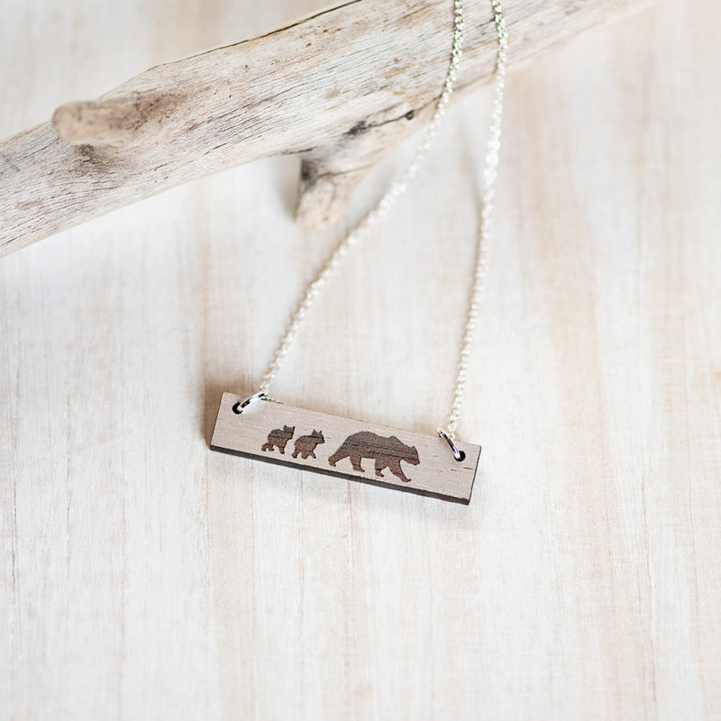 Natural Walnut Bear with Cubs Necklace